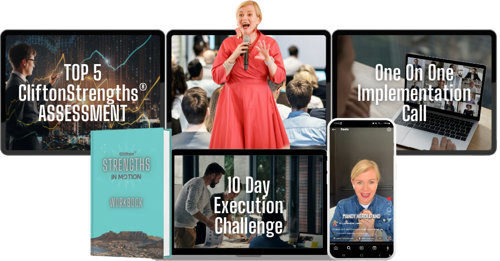 Strengths In Motion bundle banner featuring Top Five Clifton Strengths Assessment, discovery call, execution challenge, and live event.
